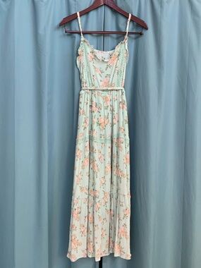 Floral Spaghetti-Strap Maxi Dress in Mint with Pink Blossoms